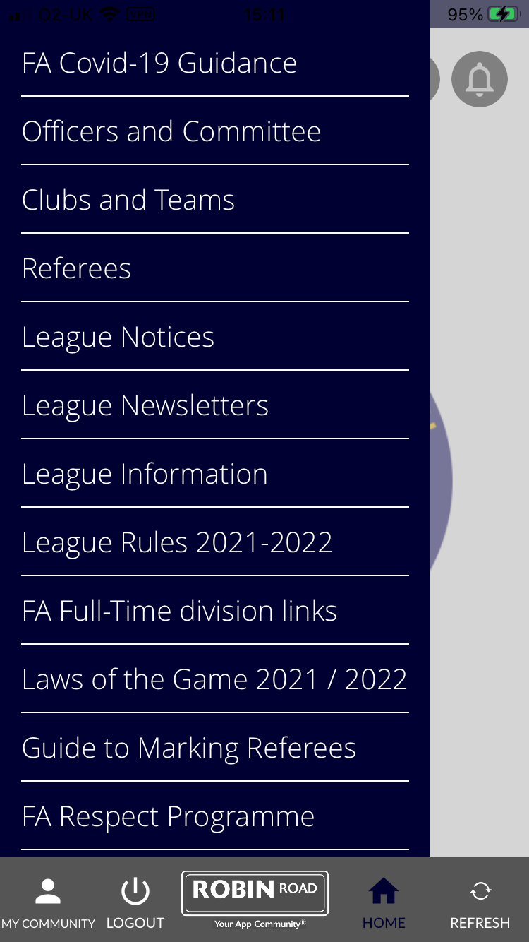League App menu screen